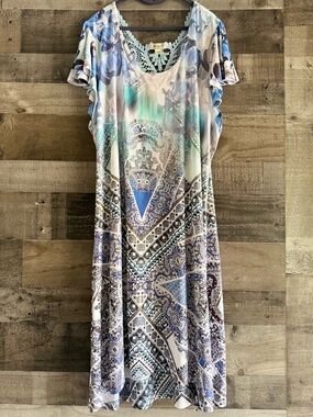 ONE WORLD Blue and White Midi Dress with Paisley Print